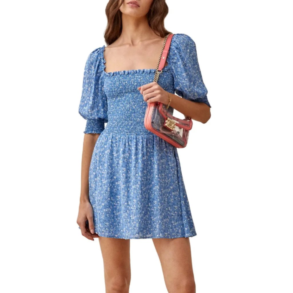 Reformation Elle Smocked Minidress In Suzette (Blue Floral)